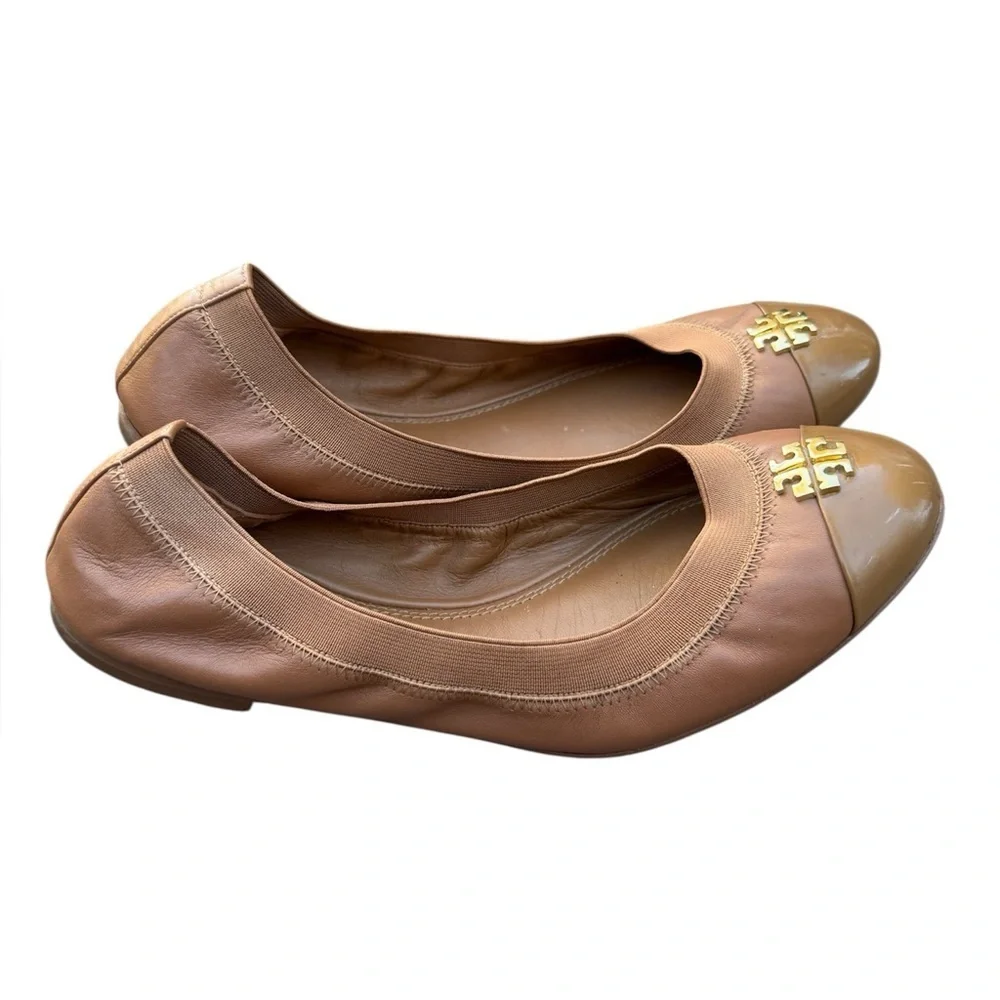 Tory Burch Jolie Cap-Toe brown Leather Ballet Flats shoes size 8.5